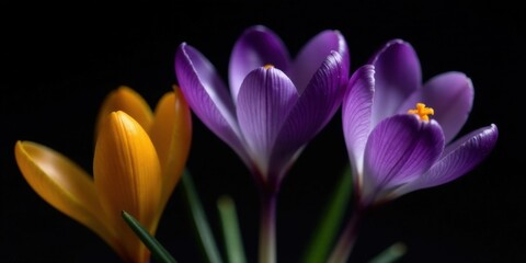 Fototapeta premium Close-up view of vibrant purple and golden crocus blossoms against a dark background, showcasing intricate petal details and contrasting colors.
