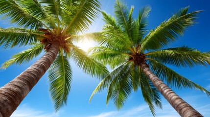 Fototapeta premium Palm trees reaching up to a sunny summer sky