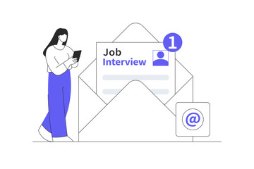 Woman received an job interview invitation by an email, invitation to find the best candidates, job offer for applicant. Flat Cartoon Vector Illustration, icon Stylish abstract design landing page web