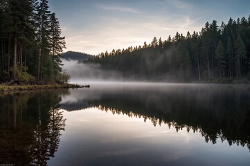 Fototapeta premium Peaceful morning by a serene lake surrounded by dense woodland, with tree reflections shimmering on the water. Perfect for nature-themed wallpaper.