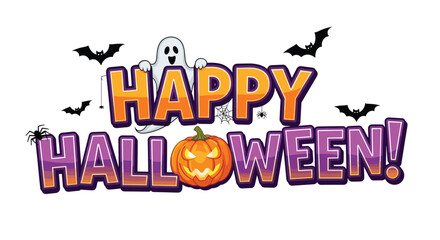 Spooky ghost and grinning pumpkin celebrate Happy Halloween with bats and spiders in vibrant festive lettering