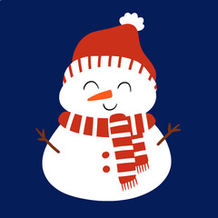 Cute Simple Snowman Wearing Santa Hat on Dark Blue Background