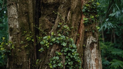 Close-up of a tree bark hosting tiny epiphytes with round green foliage