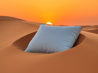 Surreal Gray Pillow Immersed in Golden Desert Sand Dune at Beautiful Sunrise or Sunset