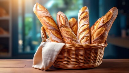 wicker basket full of baguettes tasty delicious crusty bread copy space