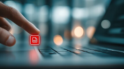 Finger about to tap a glowing PDF icon hovering above a laptop keyboard in a dimly lit environment.