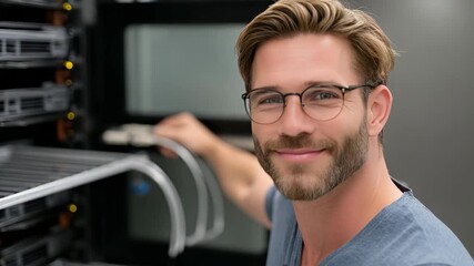 A tech expert shows expertise while maintaining servers inside a busy data center with a positive attitude and focus on tasks