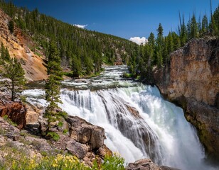 gibbon falls a wide wyoming waterfall on the gibbon river of yellowstone national park cascades and plunges whitewater over a cliff in a rocky canyon with steep walls