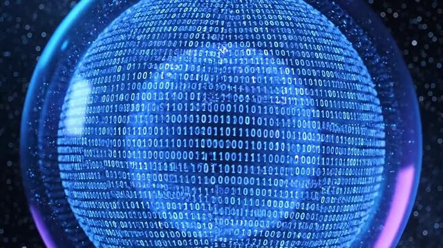 Abstract digital sphere composed of binary code, symbolizing global data and technology.