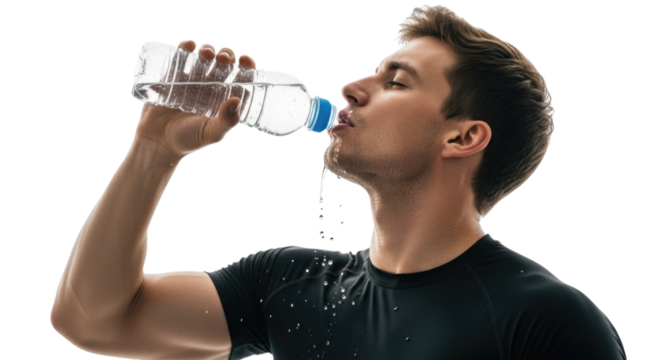 Man drinking water from a plastic bottle isolated cutout transparent png