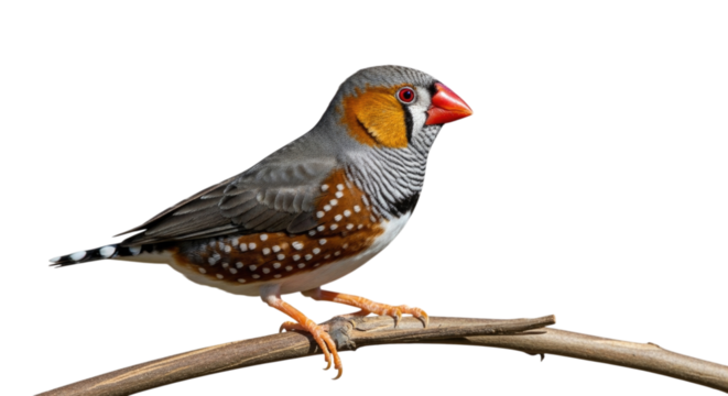Zebra finch bird on a branch isolated on white background cutout transparent png