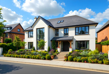 New English Estate attractive garden, neat street, UK.