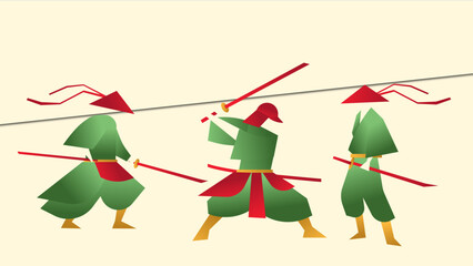 Fototapeta premium Minimal geometric illustration of 3 samurais. 3 poses of swordsmen or fighters in minimalist style