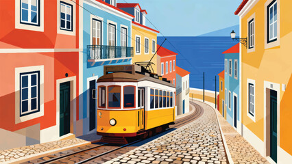 ilustrasi Tram kuning ikonik menuruni jalan berbatu, rumah warna-warni, laut biru di kejauhan.eps