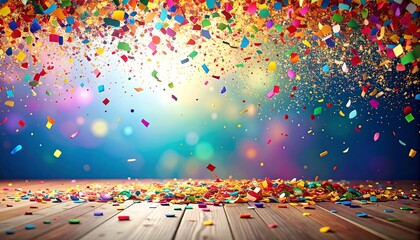 Colorful Confetti Falling on Wooden Surface with Bokeh Lights.
