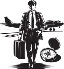 Pilot ready for takeoff with suitcase and compass
