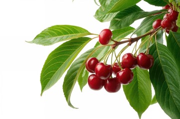 Obraz premium Branch of ripe cherries against a white backdrop