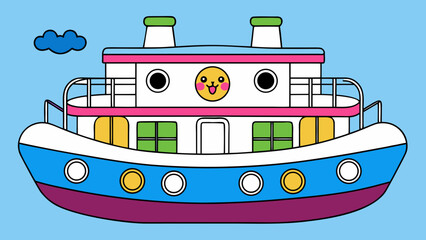 Obraz premium Cute cartoon ferry with smiley face on blue background