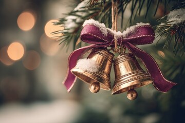 Two polished brass bells tied with a purple ribbon on a snowy evergreen branch for Christmas décor