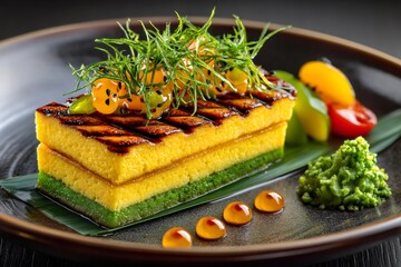 Gourmet layered tamagoyaki with fresh greens and roe