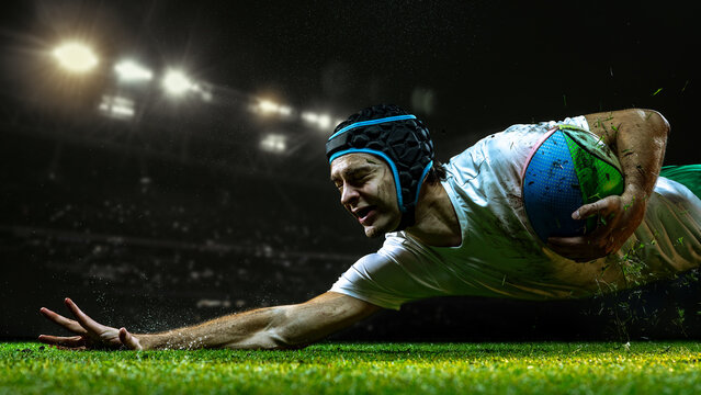 Rugby player diving across 3D field holding ball with determination under bright lights. Concept of motivation and power for sports advertising, editorial visuals, and athletic branding.