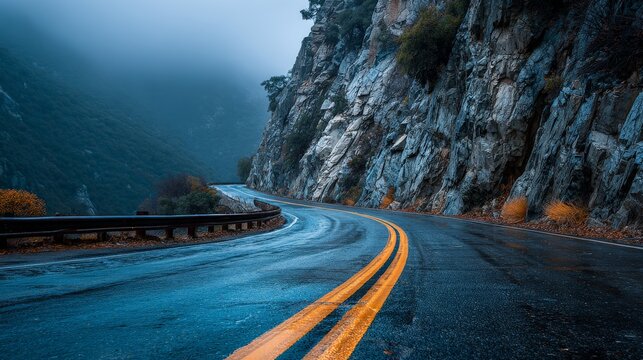 Serpentine mountain road curves through a rugged canyon at blue hour for moody travel scenery