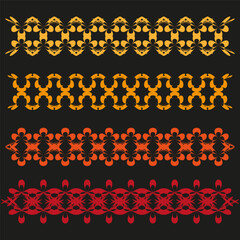 Geometric wave borders. Three abstract patterns. Orange red elements. Vector dynamic frames.