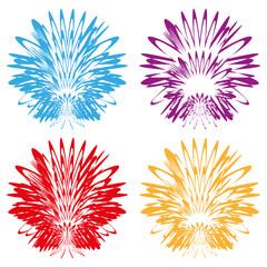 Abstract radial bursts. Colorful explosion shapes. Dynamic firework Vector. White background set.
