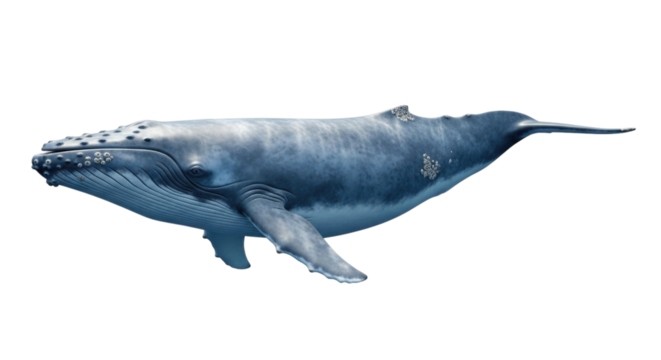 A humpback whale swimming isolated on white background cutout transparent png