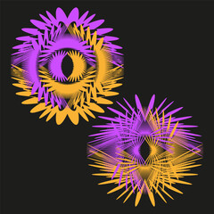 Abstract starburst elements. Purple yellow shape. Dark black background. Vector psychedelic art.