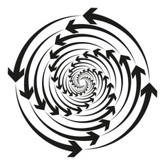 Circular spiral arrows. Rotation flow symbol. Dynamic Vector graphic. Black white motion.