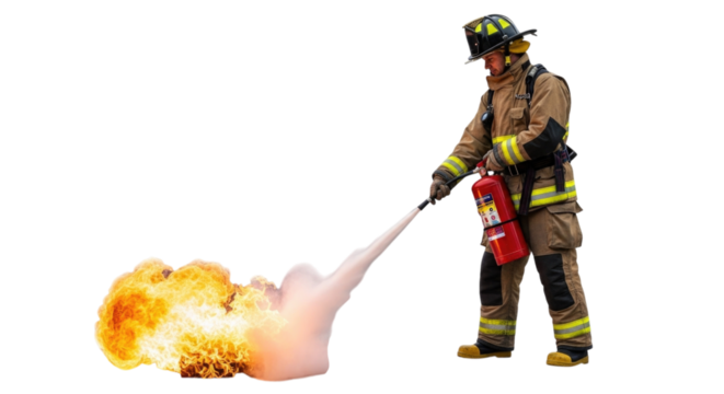 A firefighter extinguishing a fire with a fire extinguisher isolated cutout transparent png