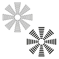 Radial geometric shapes. Three starburst elements. Abstract rotation Vector icons. Black white minimal set.