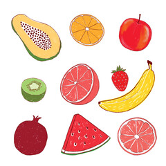 banana papaya apple orange kiwi strawberry watermelon grapefruit hand drawn illustration set