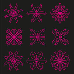 Twelve star flower icons. Abstract geometric shapes. Magenta pink color palette. Vector graphic set.