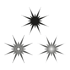 Three starburst shapes. Exploding spark element. Metallic gray reflection. Vector dynamic symbol.