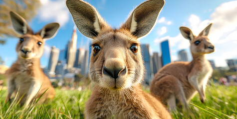Curious kangaroo family explores city park on sunny day