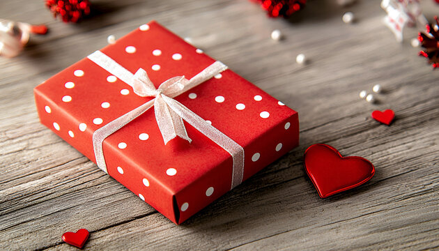 Beautiful red gift box with white polka dots and ribbon - Powered by Adobe