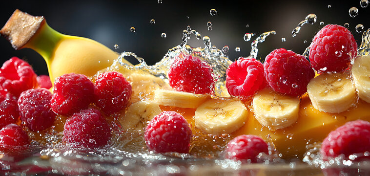 Fresh raspberries and banana slices splash with water droplets - Powered by Adobe