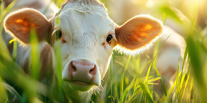 Curious calf peeking through lush green grass at sunrise