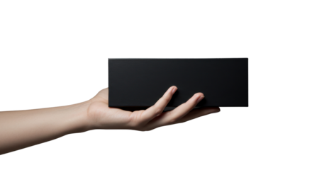 Hand holding a generic small black rectangular electronic device or product packaging isolated PNG with Transparent Background