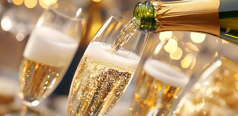 Champagne pouring into glasses celebrating festive joy