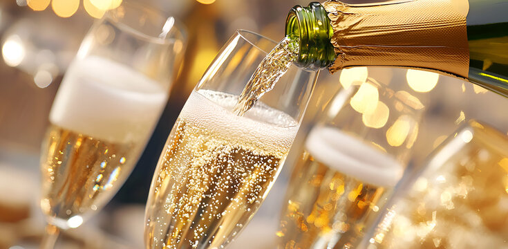 Champagne pouring into glasses celebrating festive joy