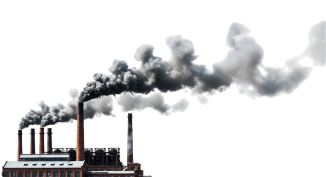 Industrial factory with smoking chimneys on a white background cutout transparent png