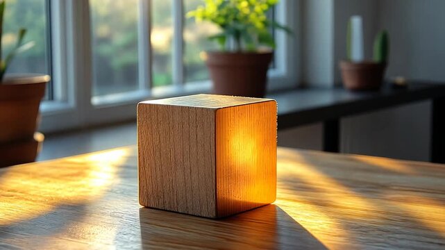 A wooden cube sits on a table, sunlight streams through a nearby window, casting warm shadows.