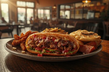 Wrap sandwich with meat and salad in pita bread from a casual eatery