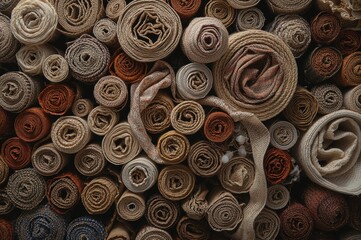 Bundles of premium organic textiles for couture and apparel crafting. Tailoring sector theme with patterns, materials, and design elements in a classic autumn style.