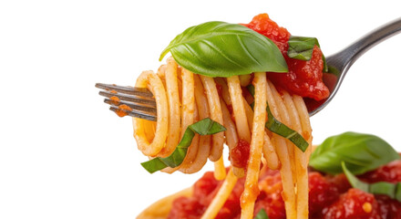 A fork with spaghetti and basil leaves isolated on white background cutout transparent png