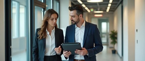 Busy mature professional business people two happy business man and woman executives partners team working together walking in office using digital tablet talking on company financial project concept - Powered by Adobe