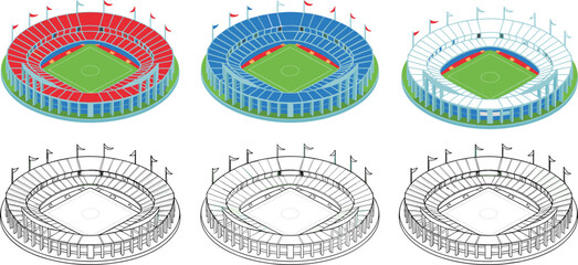Modern football stadium isometric illustration set, colorful and outline sports arena icons, soccer field 3D vector design, architecture construction concept, game venue design © Akaza